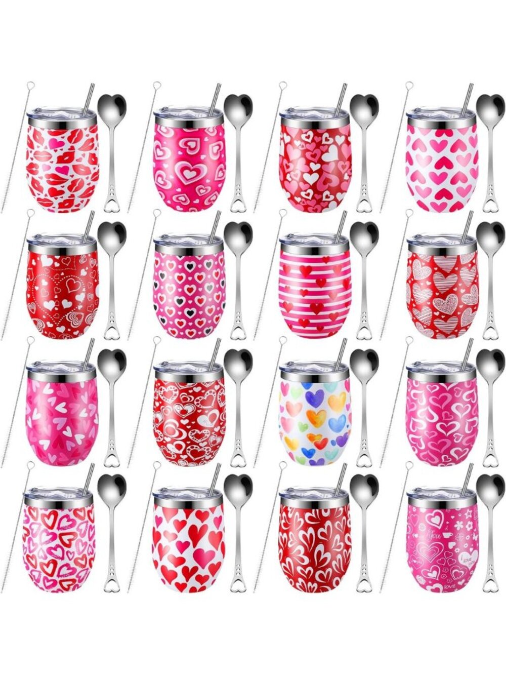 16 Pcs Valentine's Day Tumblers Set - 12 oz Insulated Wine Cups with Heart Spoon